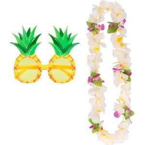 Tropische Hawaii party verkleed accessoires set - Ananas zonnebril - en bloemenkrans wit