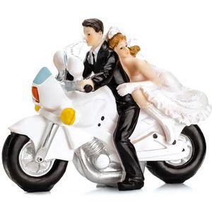Trouwfiguurtje/caketopper bruidspaar - bruid en bruidegom op motor - Bruidstaart figuren - 11 cm