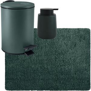MSV badkamer droogloop tapijt langharig 50x70 cm - pedaalemmer 3L  - zeeppompje 300 ml - donkergroen