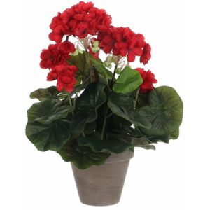 Geranium kunstplant rood in keramieken pot H34 x D20 cm