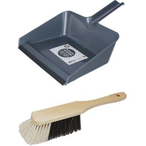 Stoffer en blik set Freya - blik kunststof - donkerblauw - 38 x 30 cm - borstel hout 30 cm