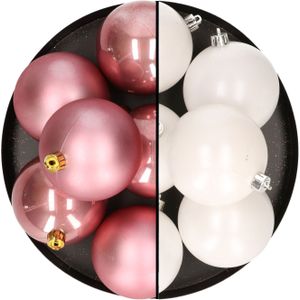 12x stuks kunststof kerstballen 8 cm mix van wit en velvet roze