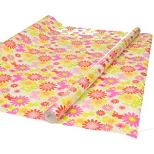 Inpakpapier/cadeaupapier - 3x - wit met gekleurde bloemen design - 200 x 70 cm
