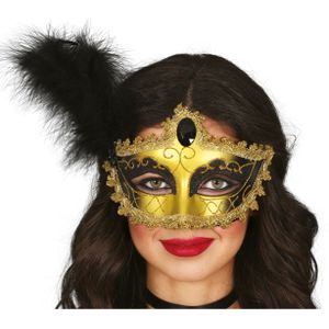 Verkleed oogmasker Venitiaans - zwart met veer - volwassenen - Carnaval/gemaskerd bal