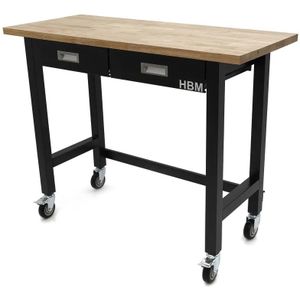 HBM Professionele 122 Cm. Verrijdbare Werkbank Met 2 Laden en Massief Houten Werkblad