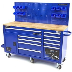 HBM gereedschapswagen met achterwand, houten werkblad, 158 cm, blauw