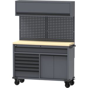 HBM verrijdbare werkbank 136 cm met 7 laden en bovenkast, grijs