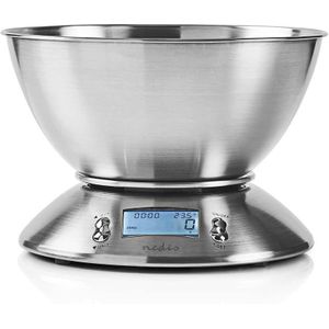 Nedis Keukenweegschaal - Digitaal - Roestvrij Staal - Timerfunctie - Met thermometer - Verwijderbare Kom - Zilver