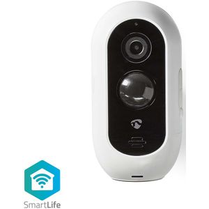 SmartLife Camera voor Buiten | Wi-Fi | Full HD 1080p | IP65 | Max. batterijduur: 6 Maanden | Cloud opslag (optioneel) / microSD (niet inbegrepen) | 5 V DC | Met bewegingssensor | Nachtzicht | Apple Store / Google Play | Wit
