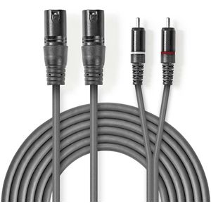 XLR-Audiokabel | 2x XLR 3-pins male - 2x RCA male | 1,5 m | Grijs