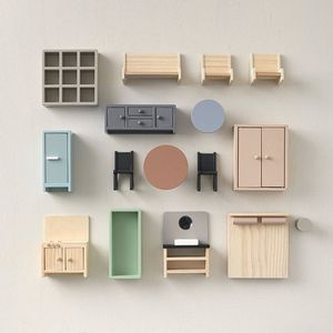 Retro houten poppenhuis meubels | 16-delige set