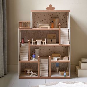 GROOT - FLEUR - Poppenhuis - Beige & Walnoot - Inclusief 19-Delige Meubelset