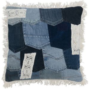 J-LINE KUSSEN PATCHWORK – DENIM/KATOEN – BLAUW/WIT – 45 CM