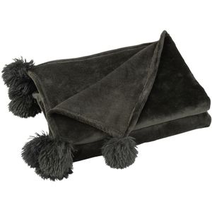 J-Line Plaid Pompom - fleece deken - polyester - zwart - 170 x 130 cm - woonaccessoires