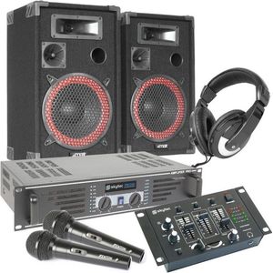 Complete 500W DJ Set - Boxen, Versterker, Mixer, Koptelefoon, Microfoon en kabels