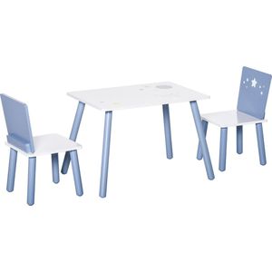 HOMCOM Kindertafel en stoelen set 3-delig peuter houten eenvoudige montage blauw en wit 312-035