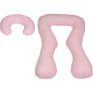 Voedingskussen - Zwangerschapskussen - set - 100% katoen - 300 cm - roze met roze ruitjespatroon