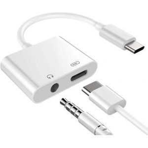 USB-C adapter - USB-C naar 3,5mm Aux en USB-C - Geschikt voor Samsung S20 & Apple - 2 in 1 Aux - Audio splitter - USB-C audio- en Oplaad adapter - Wit kleur