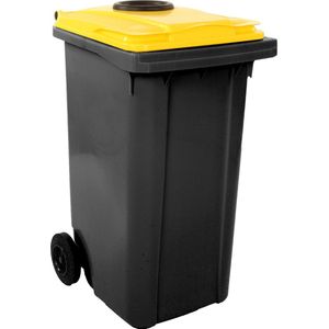 Afvalcontainer 240 liter grijs met geel deksel en glasrozet