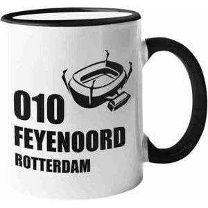 Mok met ZWART handvat | 010 Feyenoord Rotterdam | met De Kuip | mok voor fan |