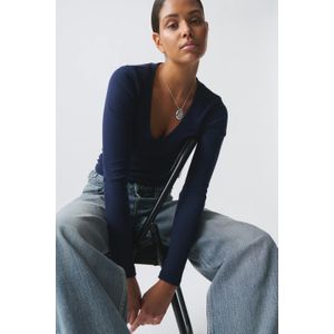 Gina Tricot - V-neck top - langarmshirts - Blau - L - Dame