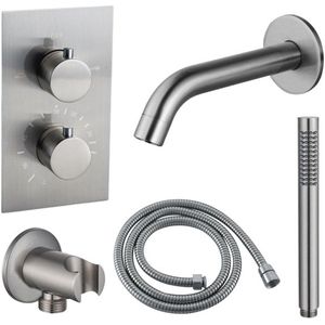 Fortifura Calvi Badkraan set - uitloop - 22cm inkortbaar - metalen slang - staafhanddouche - inbouwdeel - wandhouder - geborsteld RVS PVD SW542645/SW706208/SW1159493/SW1122512/SW496812