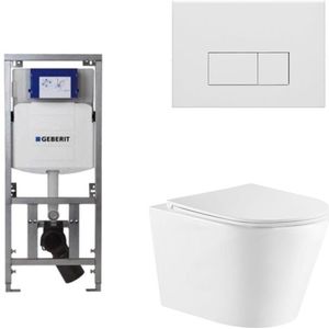QeramiQ Dely Toiletset - 36.3x51.7cm - diepspoel - rimless - Geberit UP320 Burda inbouwreservoir - softclose toiletzitting - mat witte bedieningsplaat - rechtehoekige knoppen - wit glans SW543431/0701131/SW706191