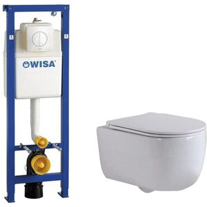 QeramiQ Dely Swirl Toiletset - 6.5x53cm - Wisa XS inbouwreservoir - slim zitting - witte bedieningsplaat - ronde knoppen - wit mat 0704406/sw1000766/SW1026257