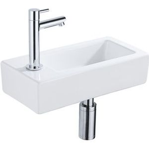 QeramiQ Fuente Fonteinset - 37.5x18.5x9cm - keramiek - kraangat links - fonteinkraan chroom - afvoerplug - verlaagd sifon - Glans wit SW1122449/SW696209/SW696219/SW696234
