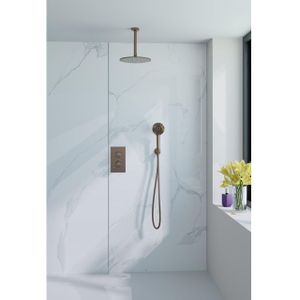 Fortifura Calvi Inbouw Regendoucheset - thermostatisch - plafondarm - 25cm hoofddouche - ronde handdouche - gladde doucheslang - Geborsteld koper PVD (Koper) SW799407/ SW970041/ SW970047/ SW970042/ SW970045/