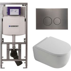 QeramiQ Dely Swirl Toiletset - 36.3x51.7cm - diepspoel - rimless - Geberit UP320 Burda inbouwreservoir - 35mm zitting - gunmetal bedieningsplaat - ronde knoppen - wit mat 0701131/SW706198/SW1000767/SW1026257