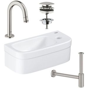 GROHE Euro fonteinset 37x18cm 1 kraangat zonder overloop gebogen super steel kraan sifon afvoerplug fontein Rechthoek wit sw97640/sw197129/sw228380/sw438965/sw444108/