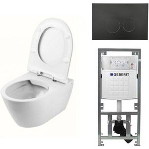 QeramiQ Salina Spoelrandloos toiletset inclusief toiletzitting, inbouwreservoir en mat zwart bedieningspaneel 0701131/sw96855/sw96857/SW706188/