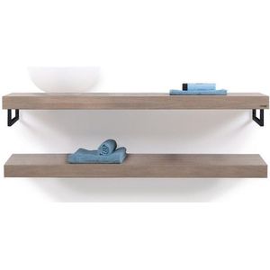 Looox Wood collection Duo wandplanken 140x46cm - 2 stuks - Met handdoekhouders zwart mat - massief eiken Old grey WBDUO140MZ