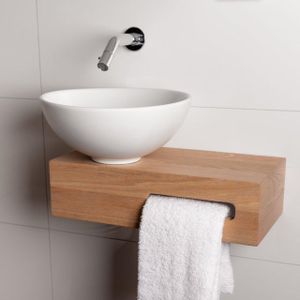 Wiesbaden Oak houten toiletset compleet met Hotbath inbouwkraan, Wiesbaden waskom links, houten blad, sifon en afvoerplug chroom sw1175/sw23941/sw296051/sw440853/sw450729/