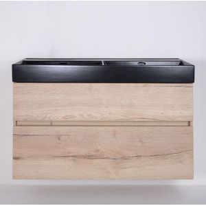 Saniclass Aurora Badmeubelset - 120cm - 2 lades - dubbele wastafel keramiek - zonder kraangat - zwart - roble luz SW1030708/SW972110/SW1030711