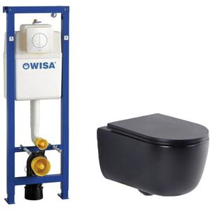 QeramiQ Dely Swirl Toiletset - 36.5x53cm - Wisa XS inbouwreservoir - slim zitting - witte bedieningsplaat - ronde knoppen - zwart mat 0704406/SW1000768/SW1026258