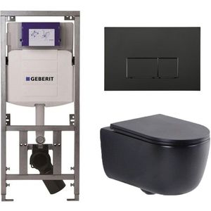 QeramiQ Dely Swirl Toiletset - 36.3x51.7cm - Geberit UP320 Burda inbouwreservoir - slim zitting - mat zwarte bedieningsplaat - rechthoekige knoppen - mat zwart SW1000768/SW1026258/0701131/SW706189