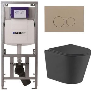 QeramiQ Dely Toiletset - 36.3x51.7cm - diepspoel - rimless - Geberit UP320 Burda inbouwreservoir - softclose toiletzitting - bedieningsplaat taupe - ronde knoppen - zwart mat SW1026253/0701131/SW1102378/SW1000769
