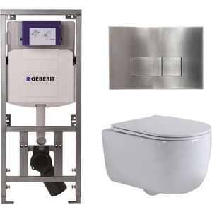 QeramiQ Dely Swirl Toiletset - 36.3x51.7cm - Geberit UP320 Burda inbouwreservoir - slim zitting - steel bedieningsplaat - rechthoekige knoppen - wit glans 0701131/SW706195/SW1000766/SW1026256