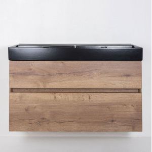 Saniclass Aurora Badmeubelset - 120cm - 2 lades - dubbele wastafel keramiek - zonder kraangat - zwart - roble SW1030714/SW972110/SW1030711