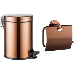 Fortifura - Calvi - Toilet Accessoireset - Geborsteld Koper - Toiletrolhouder met Klep en Pedaalemmer 5 Liter