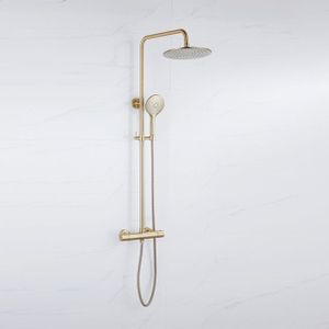 Fortifura Calvi Regendoucheset - thermostatisch - 30cm hoofddouche - metalen slang - ronde handdouche - Geborsteld Messing PVD (Goud) SW1159501  SW1139122 SW799449  SW728176