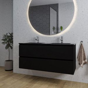 Adema Chaci Badkamermeubelset - 120x46x57cm - 2 keramische wasbakken zwart - 2 kraangaten - 2 lades - ronde spiegel met verlichting - mat zwart SW718707/SW761657/SW161923