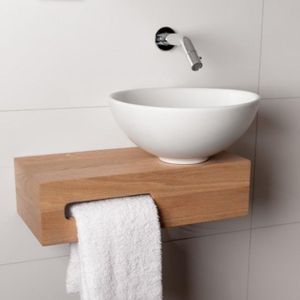 Wiesbaden Oak houten toiletset compleet met Hotbath inbouwkraan, Wiesbaden waskom rechts, houten blad, sifon en afvoerplug chroom sw1175/sw23941/sw296023/sw440853/sw450729/
