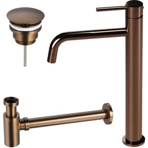 Fortifura Calvi Slim Wastafelkraanset - verhoogde wastafelkraan - always open plug - verlaagde design sifon - Geborsteld koper PVD (Koper) SW799403/SW970030/SW799405