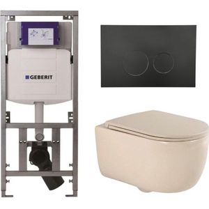 QeramiQ Dely Swirl Toiletset - 36.3x51.7cm - Geberit UP320 inbouwreservoir - slim zitting - mat zwarte bedieningsplaat - ronde knoppen - beige 0701131/SW706188/SW1000770/SW1026259