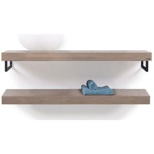 Looox Wood collection Duo wandplanken 120x46cm - 2 stuks - Met handdoekhouders zwart mat - massief eiken Old grey WBDUO120MZ