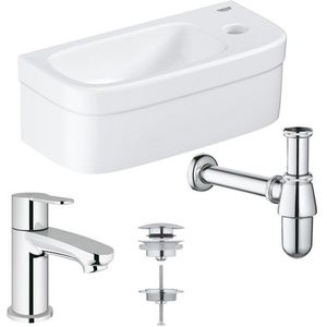 GROHE Euro fonteinset 37x18cm 1 kraangat zonder overloop rechte chromen kraan sifon afvoerplug fontein Rechthoek wit 0436258/0434215/0437762/sw197129/