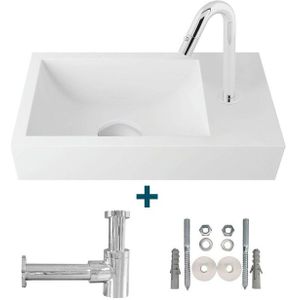 Nemo Spring Keyna fonteinset 40x22cm zonder overloop inclusief koudwaterkraan en RVS sifon solid surface wit sw10735/sw10741/sw21230/sw286373/sw293011/